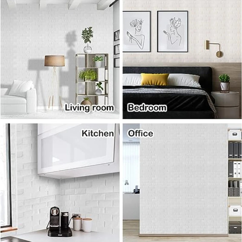 A collection of interior design panels showing a living room, bedroom, kitchen, and office with white brick-textured walls.