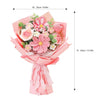 A bouquet of handcrafted crochet tulip flowers in various shades of pink and green, wrapped in pink paper.