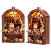 Wooden layered puzzle magnets for decor featuring an arched wooden display with plants and small items
