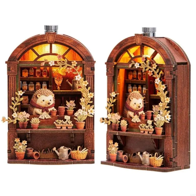 Wooden layered puzzle magnets for decor featuring an arched wooden display with plants and small items