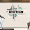A motivational wall decal featuring various fitness and workout terms like strength, positivity, nutrition, and success.