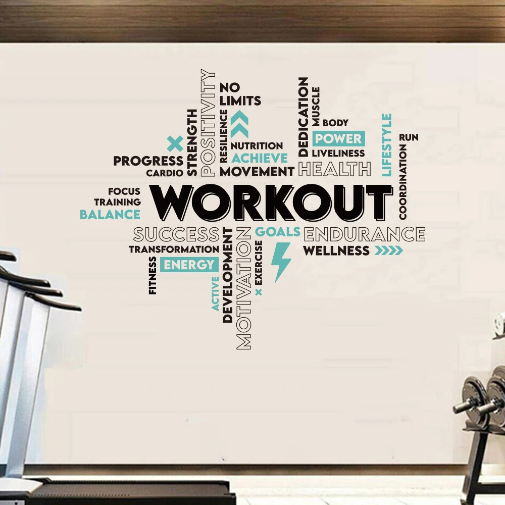 A motivational wall decal featuring various fitness and workout terms like strength, positivity, nutrition, and success.