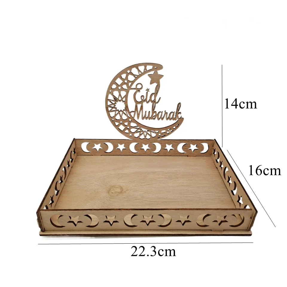 Bandeja de Eid Mubarak de madera con recorte de luna creciente y bordes decorativos