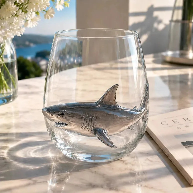 A clear glass wine glass holds a preserved blue-ringed octopus for ocean decor.