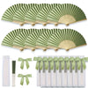 A set of green and beige handheld folding wedding fans with ribbon ties.