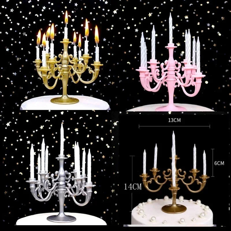 A set of nine elegant birthday cake candles with ornate gold and pink holders displayed against a black background.