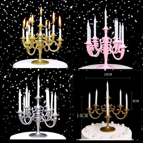 A set of nine elegant birthday cake candles with ornate gold and pink holders displayed against a black background.