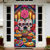 A door cover featuring a sugar skull and papel picado design for Dia de los Muertos