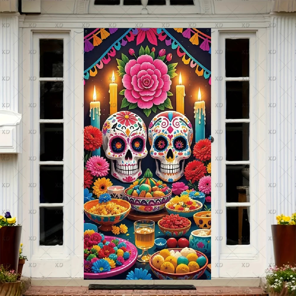 A door cover featuring a sugar skull and papel picado design for Dia de los Muertos