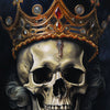 A detailed painting of a human skull wearing an ornate golden crown, rendered in dark and metallic tones.