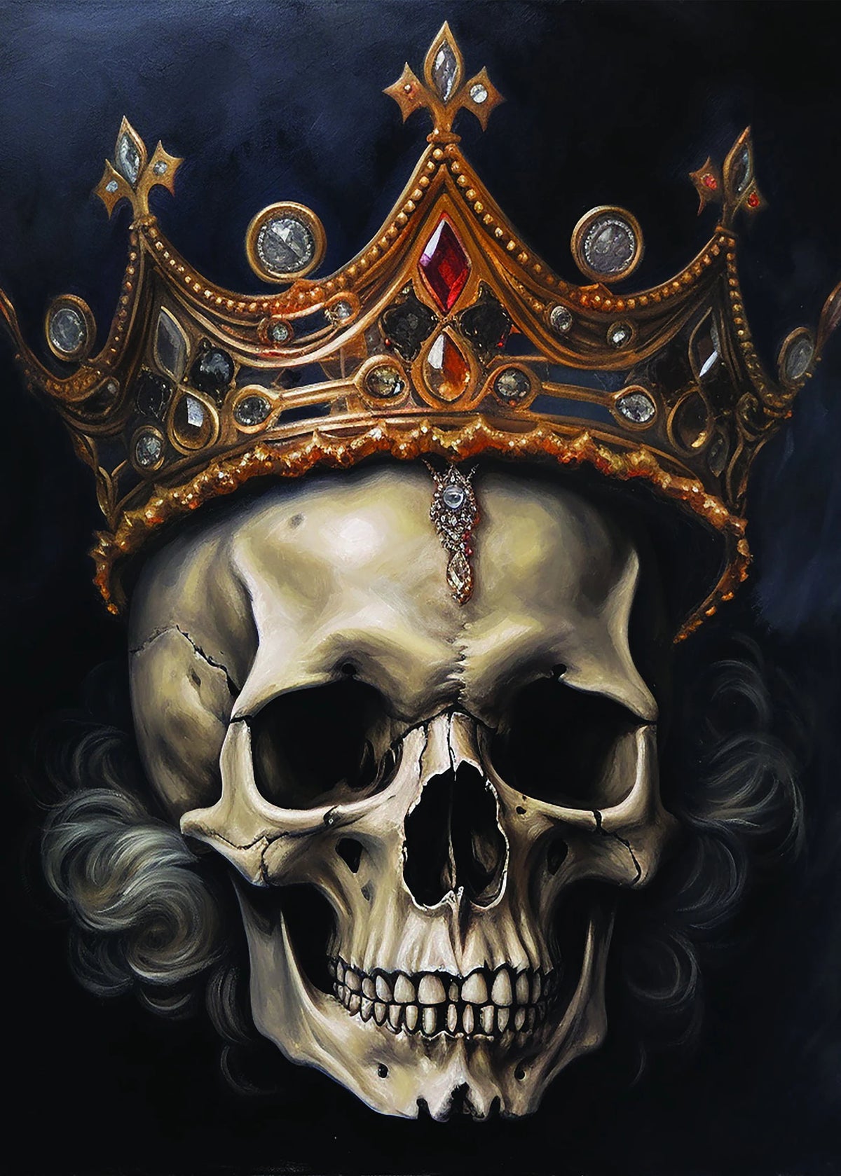 A detailed painting of a human skull wearing an ornate golden crown, rendered in dark and metallic tones.
