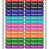 A pack of waterproof customizable name tags featuring various names and a dishwasher safe, microwave safe, freezer safe, and 
