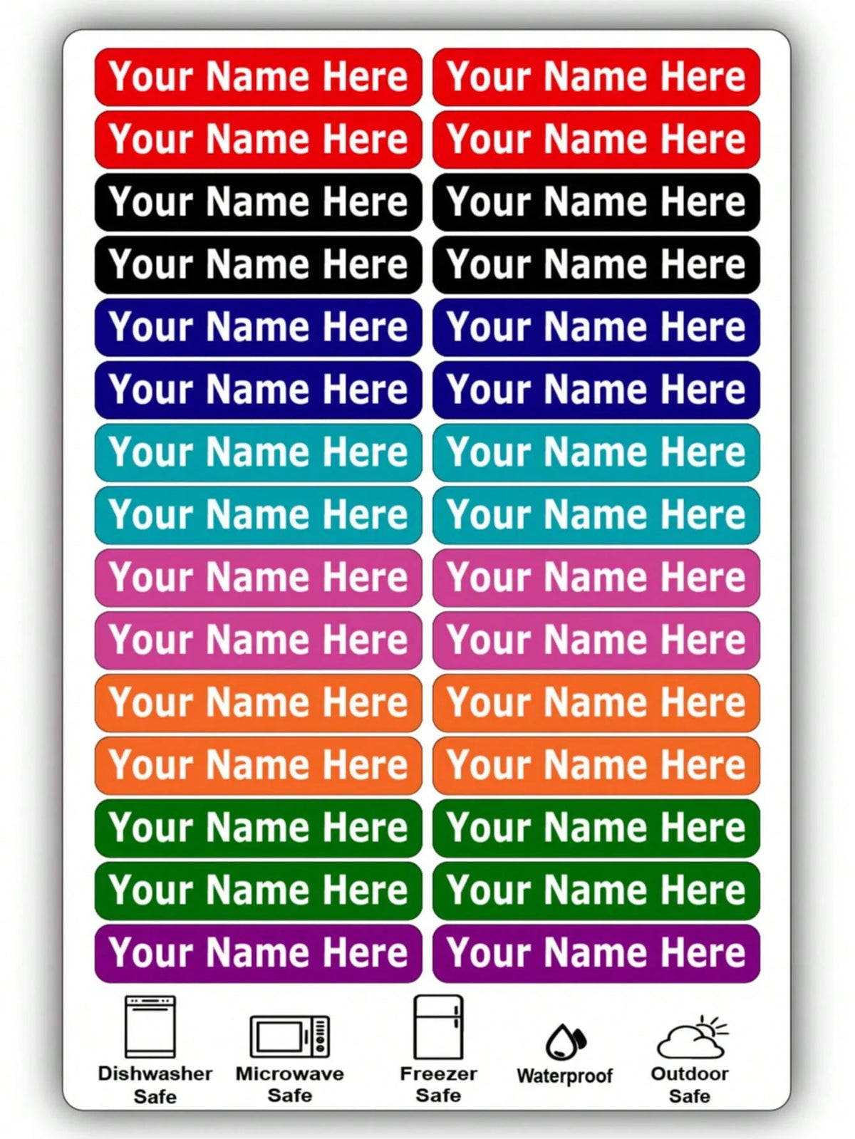 A pack of waterproof customizable name tags featuring various names and a dishwasher safe, microwave safe, freezer safe, and 