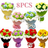 Eight pieces of handmade crochet flower bouquets in various colors and textures.