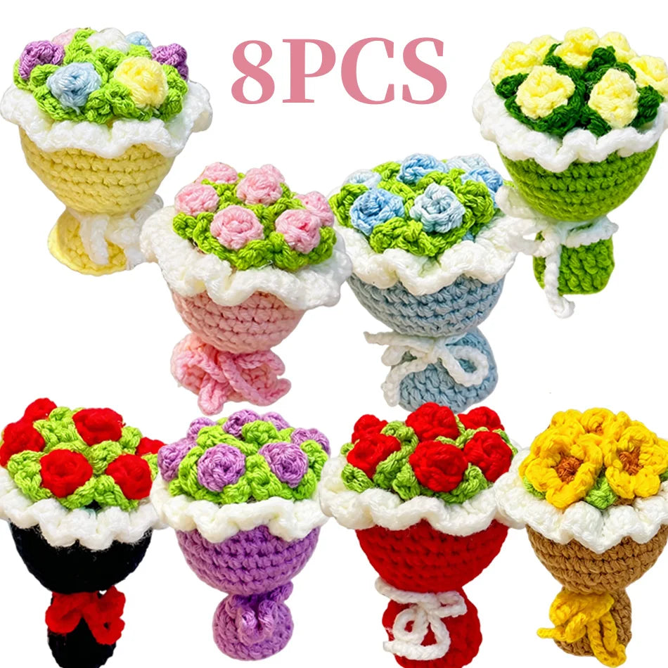 Eight pieces of handmade crochet flower bouquets in various colors and textures.