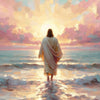 A painting depicting a figure in white standing in the water with a bright light shining from behind, suggesting Jesus walkin