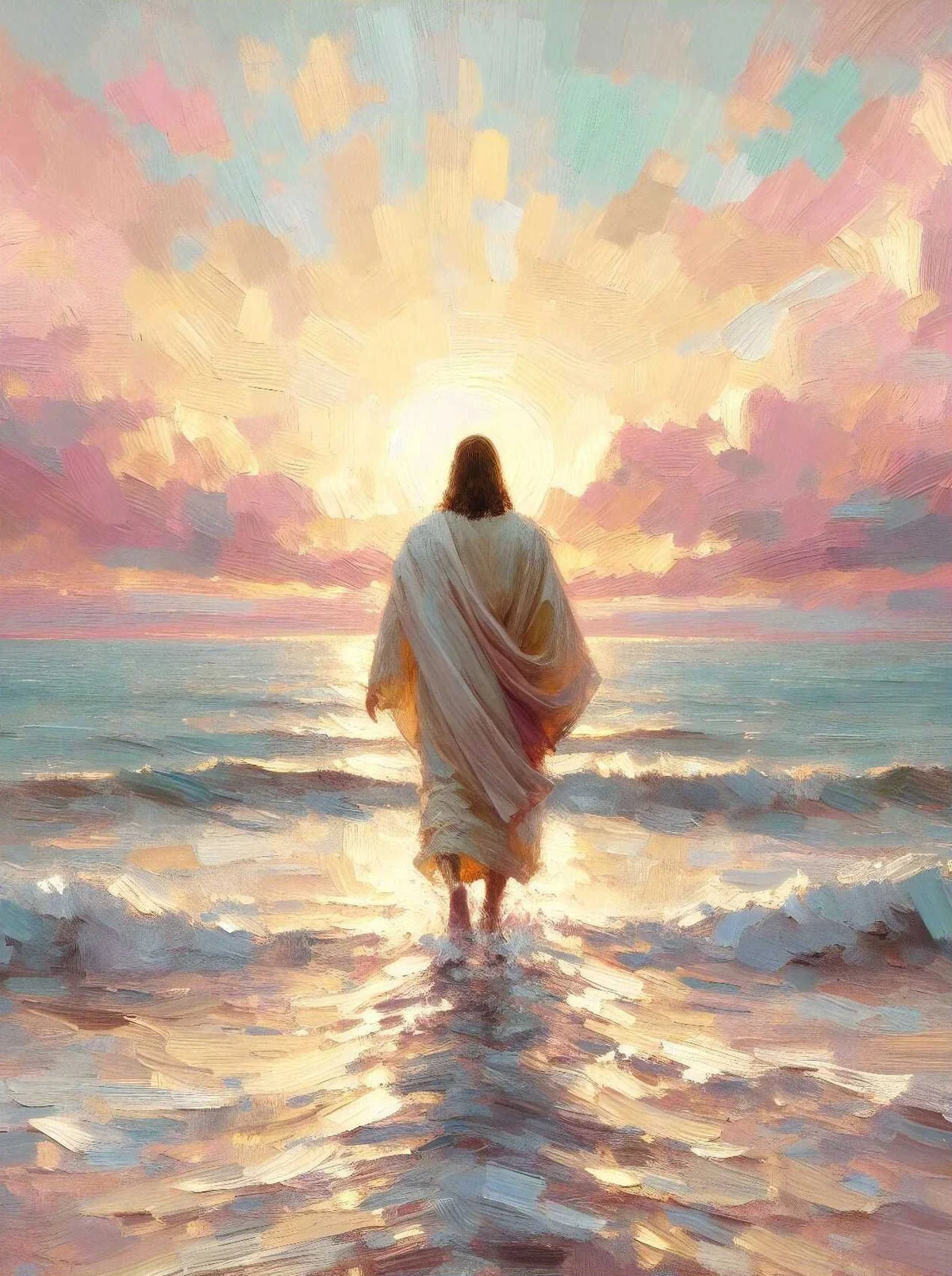 A painting depicting a figure in white standing in the water with a bright light shining from behind, suggesting Jesus walkin