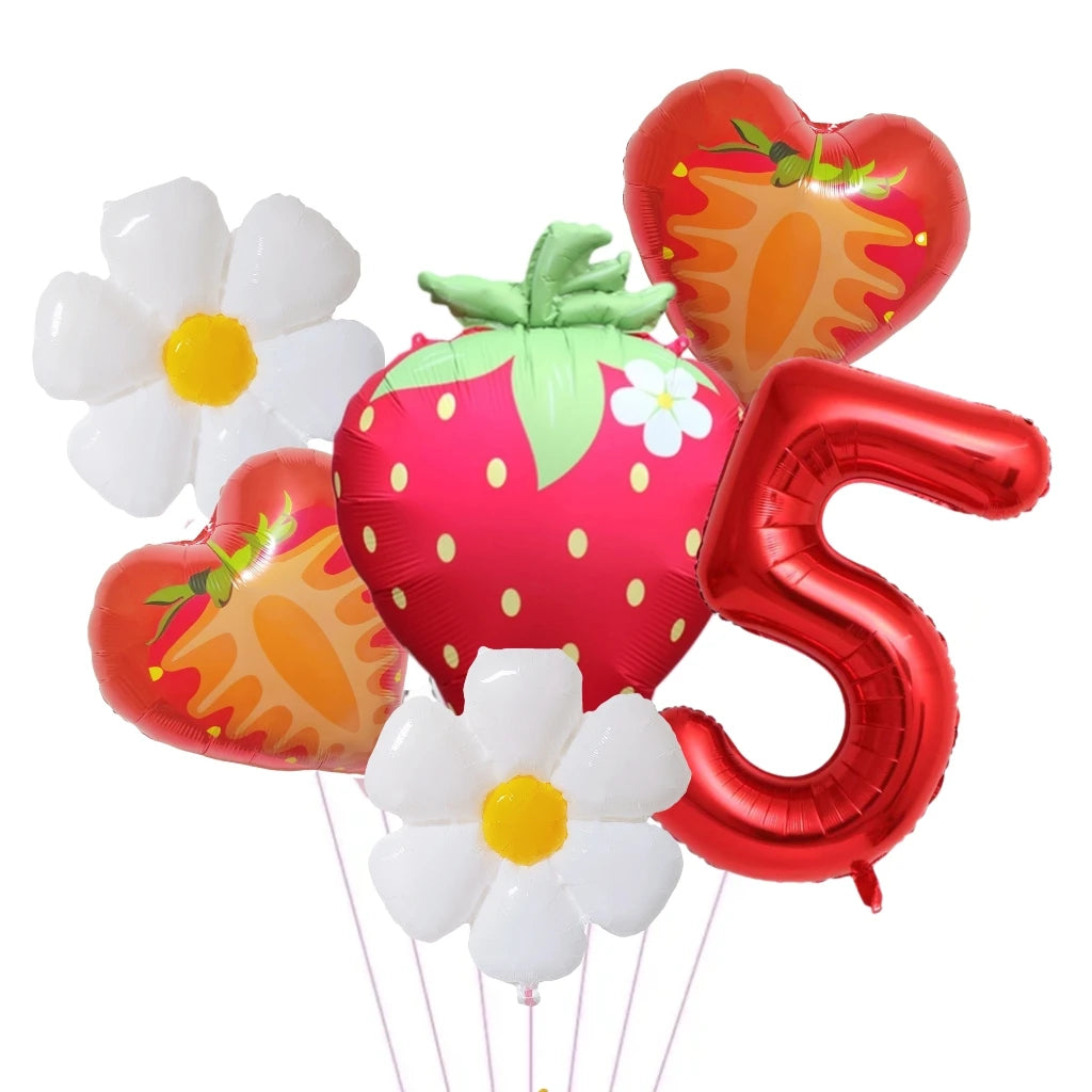 A set of six heart-shaped and number balloons in pink, orange, and white featuring digital flower designs.