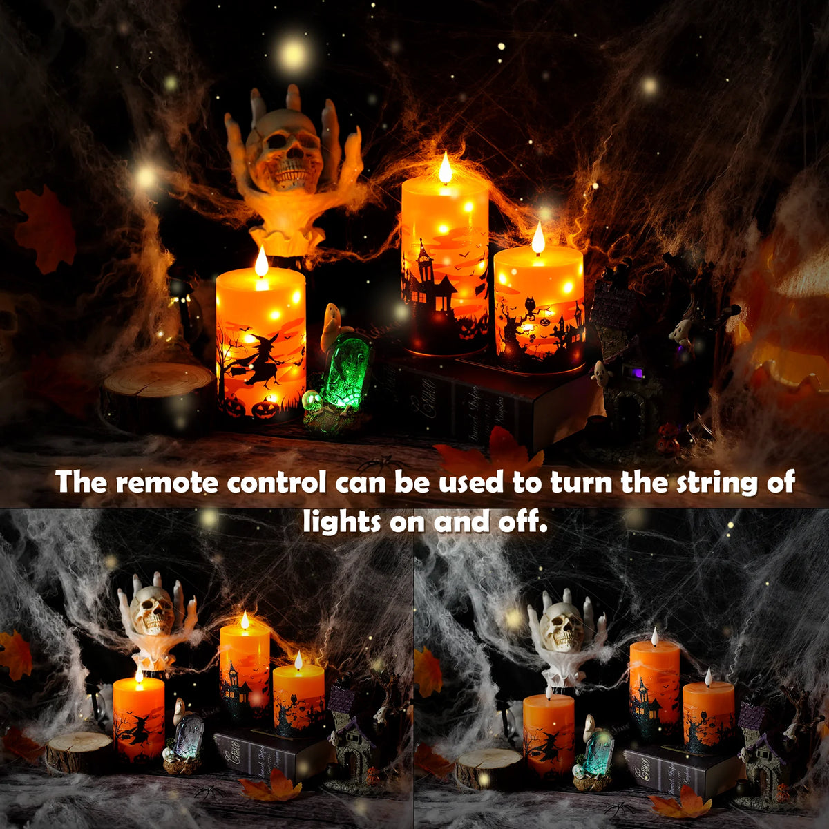 Flameless LED pillar candles with a remote control turning the lights on and off for Halloween decor.