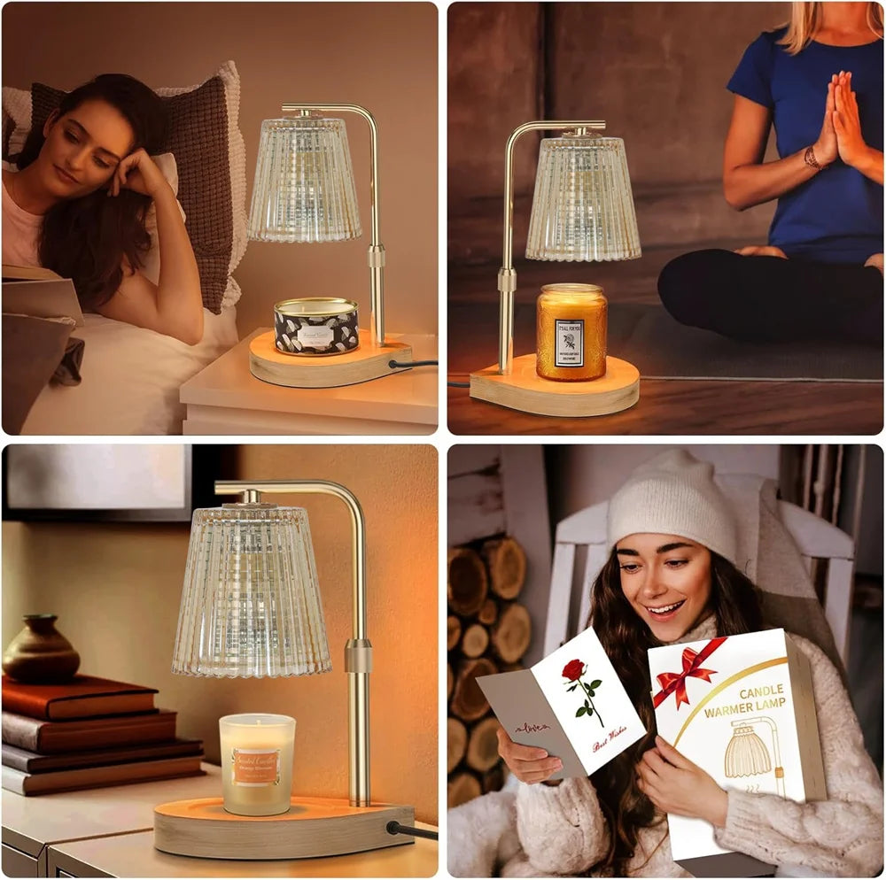 A woman holds an adjustable electric candle warmer lamp with a glass shade and a yellow candle in a cozy indoor setting.