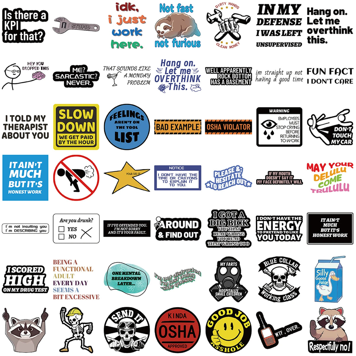 A collection of funny decals and stickers for laptops, bottles, and car surfaces