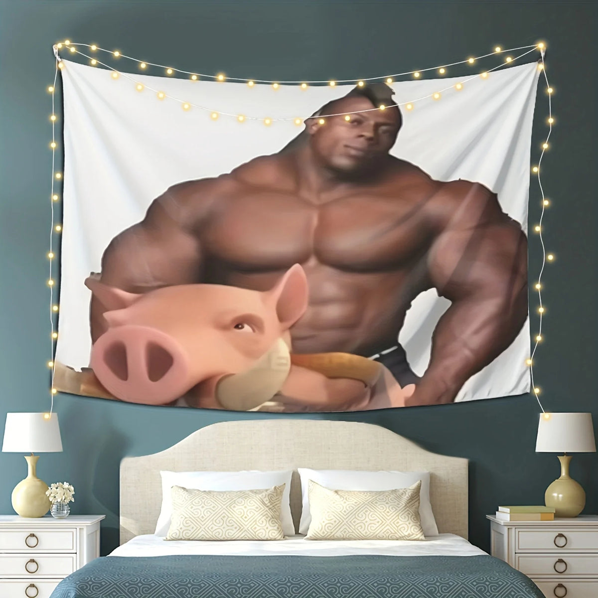 A tapestry featuring a muscular man and a pig head, displayed as wall art with string lights.