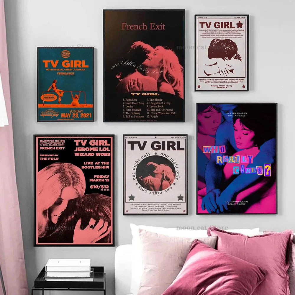 A collection of framed wall art featuring album covers and artwork related to TV Girl and Mitski