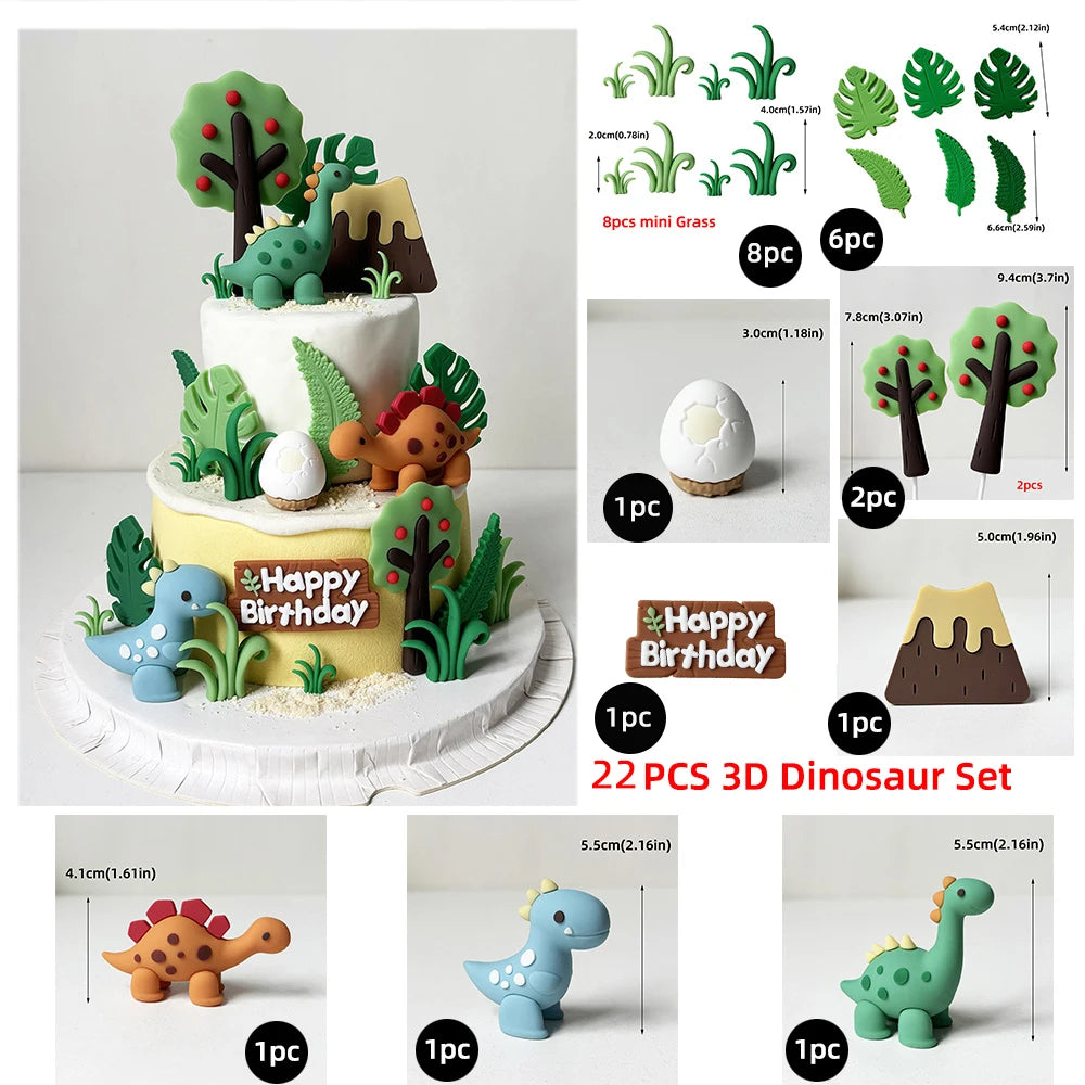 Un juego de 22 toppers de dinosaurios y plantas en un pastel de varios pisos.