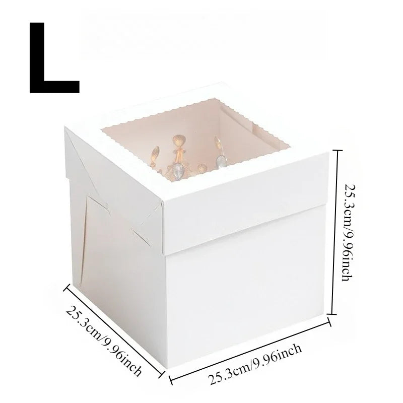 White bakery boxes with a window for disposable cake and pastry items