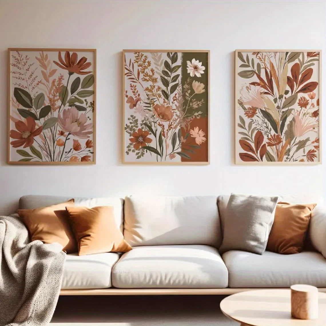 A set of three canvas art prints featuring sage green and earthy tones in a boho floral style displayed on a white wall.