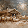 Peinture à l'huile représentant une scène rustique avec des moutons et une femme dans un champ sous une forte lumière.