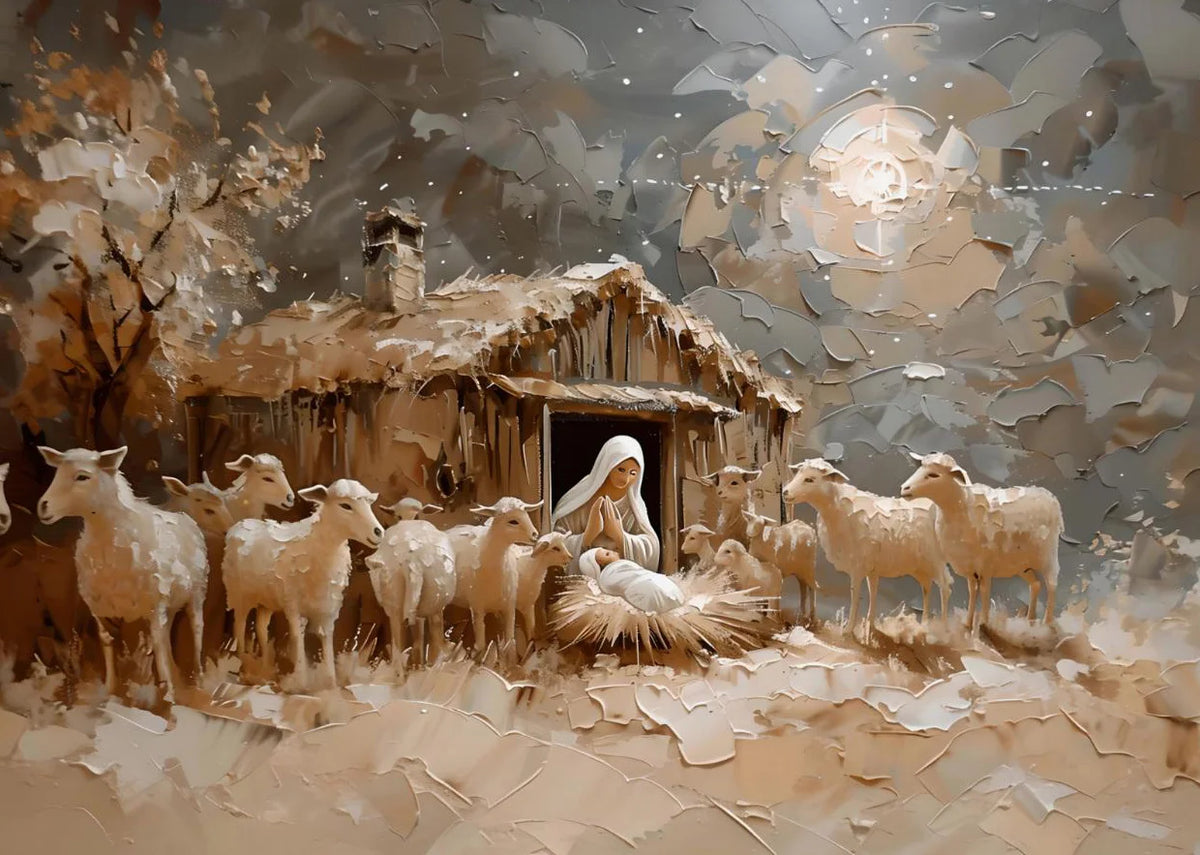 Peinture à l'huile représentant une scène rustique avec des moutons et une femme dans un champ sous une forte lumière.