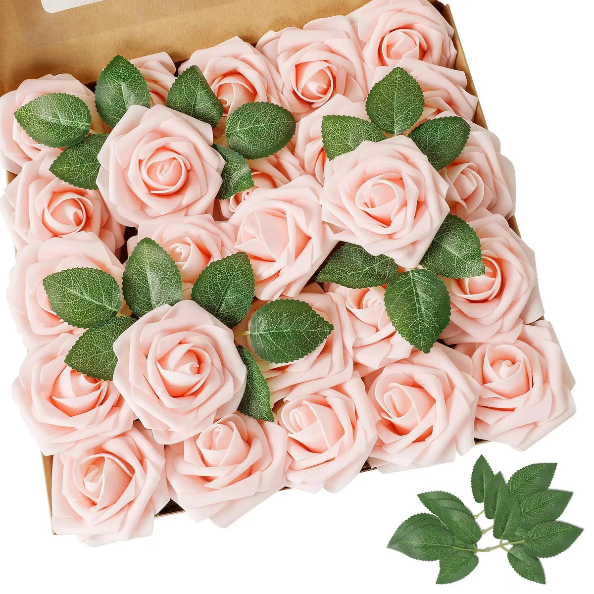 A box filled with thirty artificial pink roses and green leaves.