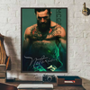 A canvas wall art print featuring a portrait of Conor McGregor with a beard and tattoos against a dark green background.