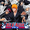 Anime Bleach Charakterkunst mit mehreren Figuren in schwarz-weißer Kleidung und Schwertern