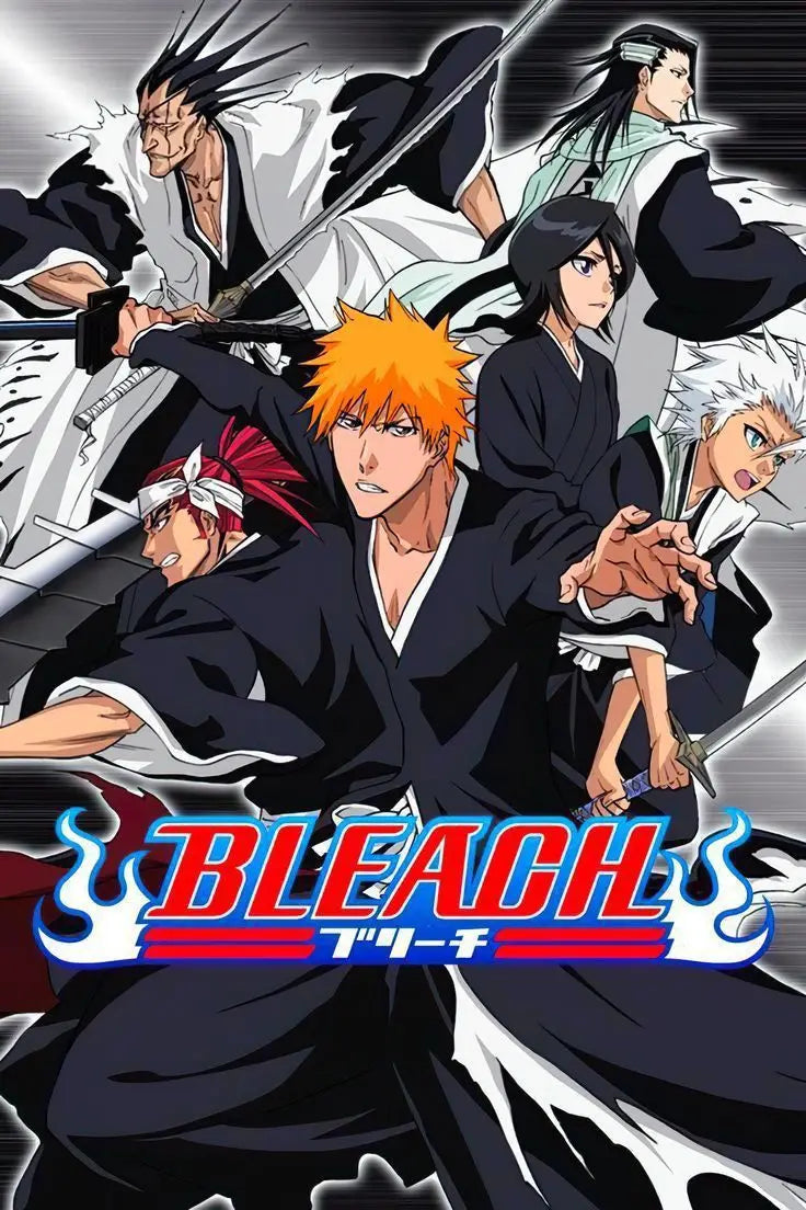 Anime Bleach Charakterkunst mit mehreren Figuren in schwarz-weißer Kleidung und Schwertern