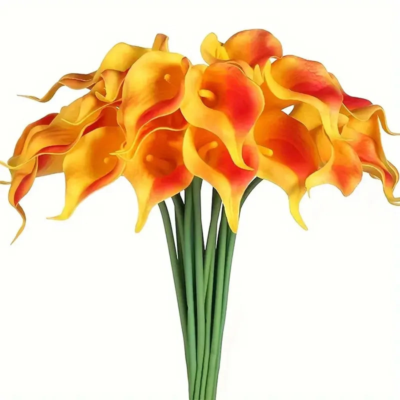 A bouquet of five orange and yellow calla lily stems with red accents.