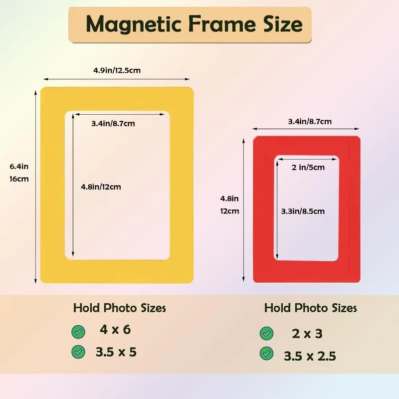 Diagram showing magnetic frame sizes for photos, including 4x6 and 3.5x5 options.