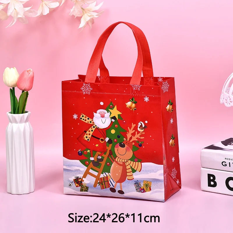 A red non-woven gift tote bag featuring a festive Christmas design with a smiling Santa and holiday elements.