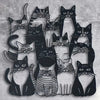 A black silhouette line art of multiple cats arranged in a playful pattern for wall art.