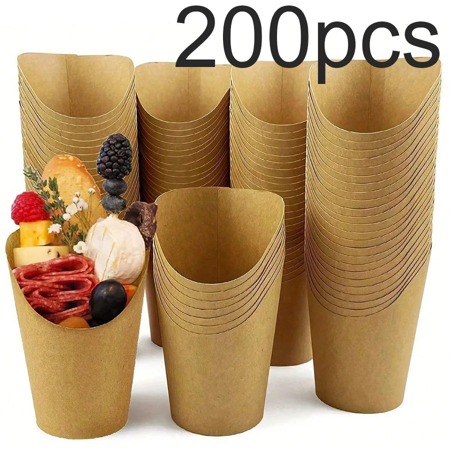 200 pieces of disposable kraft paper serving cups stacked and displayed with fruit.