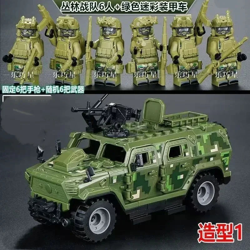 A detailed model of a military off-road jeep built from building blocks, featuring camouflage paint and accessories.