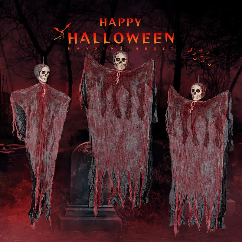 A dark, spooky Halloween theme featuring three ghostly figures with skulls and flowing fabric against a reddish background.