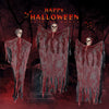 A dark, spooky Halloween theme featuring three ghostly figures with skulls and flowing fabric against a reddish background.