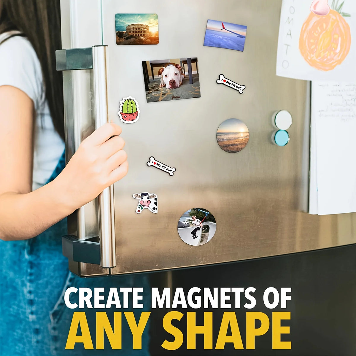 A hand is placing various shaped magnets onto a silver refrigerator, demonstrating how to create magnets of any shape.