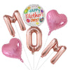 A set of pink foil balloons including a heart shape, the number zero, and a round balloon with Happy Mother's Day text.