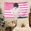 Anime theme American flag tapestry wall decor featuring a character against a striped patriotic background