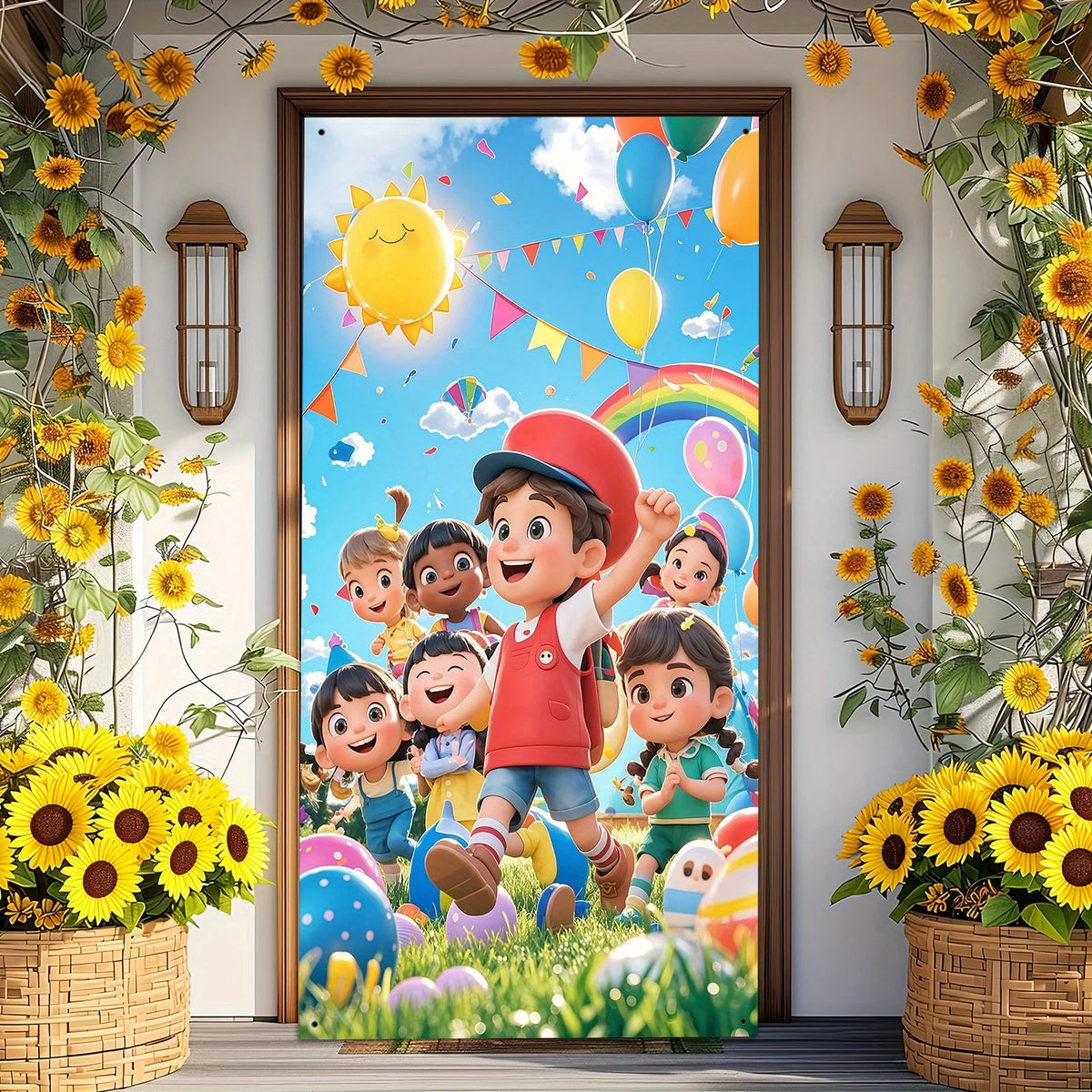 A decorative polyester banner featuring cheerful children and a bright yellow sun in an outdoor setting.