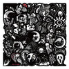 A black sticker pack featuring various skulls, bats, and Halloween-themed designs for laptops and other items.