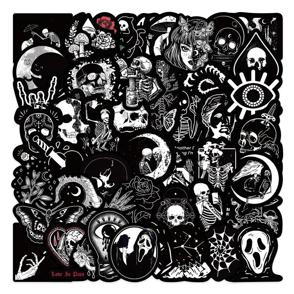 A black sticker pack featuring various skulls, bats, and Halloween-themed designs for laptops and other items.